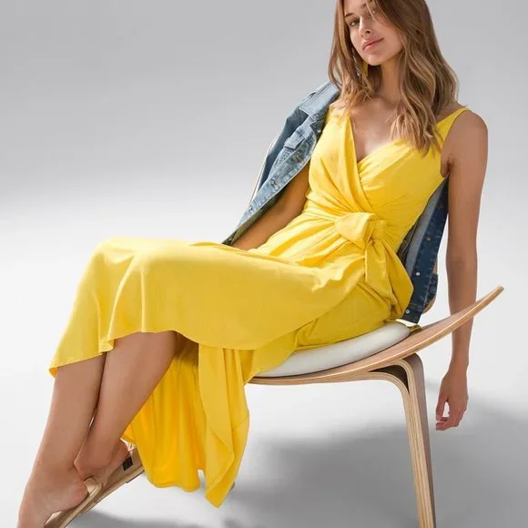 white house black market yellow dress White House Black Market Petite Halter Braid Ruched Maxi Dress In Palm Frond Liquid Gold